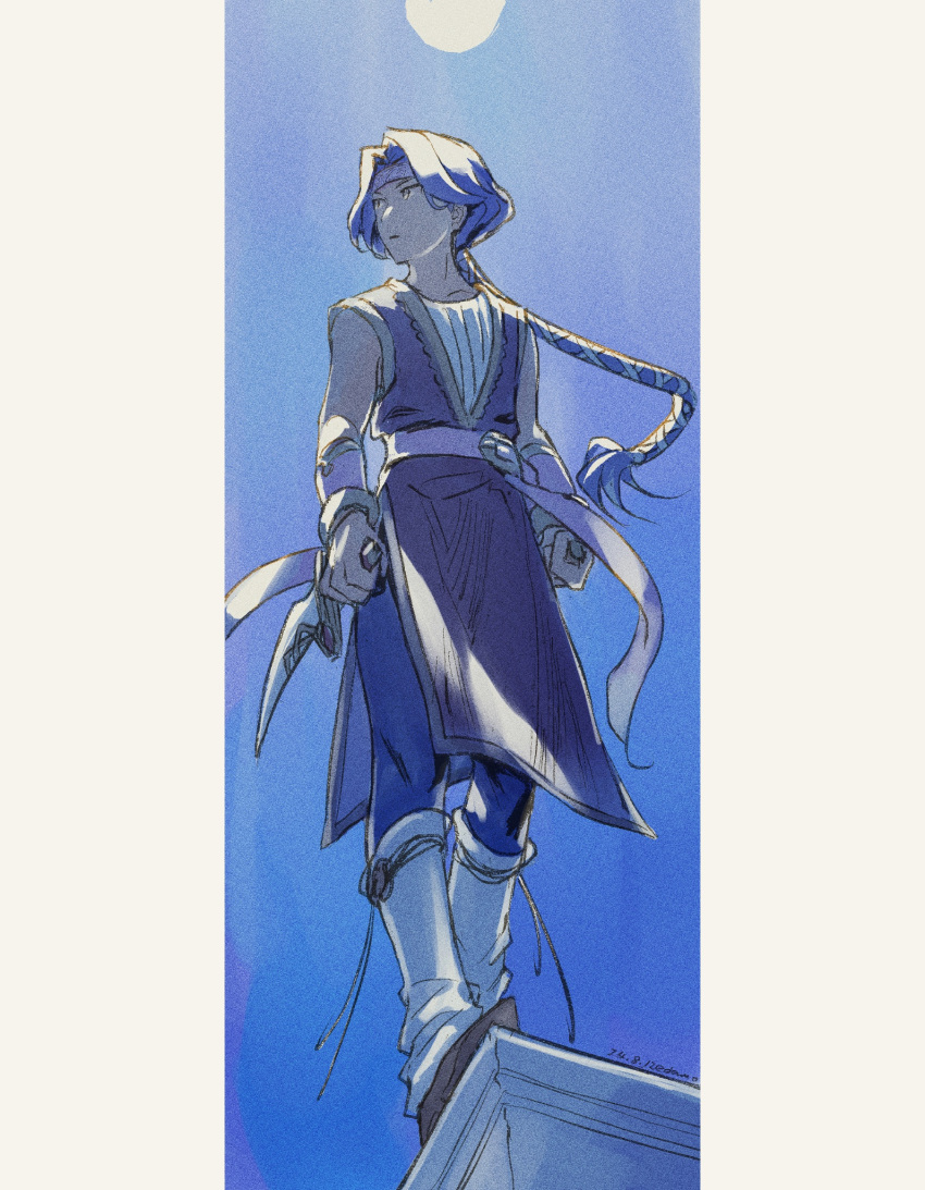 1boy, artist_name, blue_pants, bracelet, closed_mouth, collarbone, dagger, dated, edamo, film_grain, floating_hair, hair_ribbon, hawkeye_(seiken_densetsu_3), headband, highres, holding, holding_dagger, holding_knife, holding_weapon, jewelry, knife, long_hair, male_focus, moon, on_roof, pants, pillarboxed, purple_hair, reverse_grip, ribbon, sash, seiken_densetsu, seiken_densetsu_3, sleeveless, socks, solo, standing, weapon, white_ribbon, white_socks