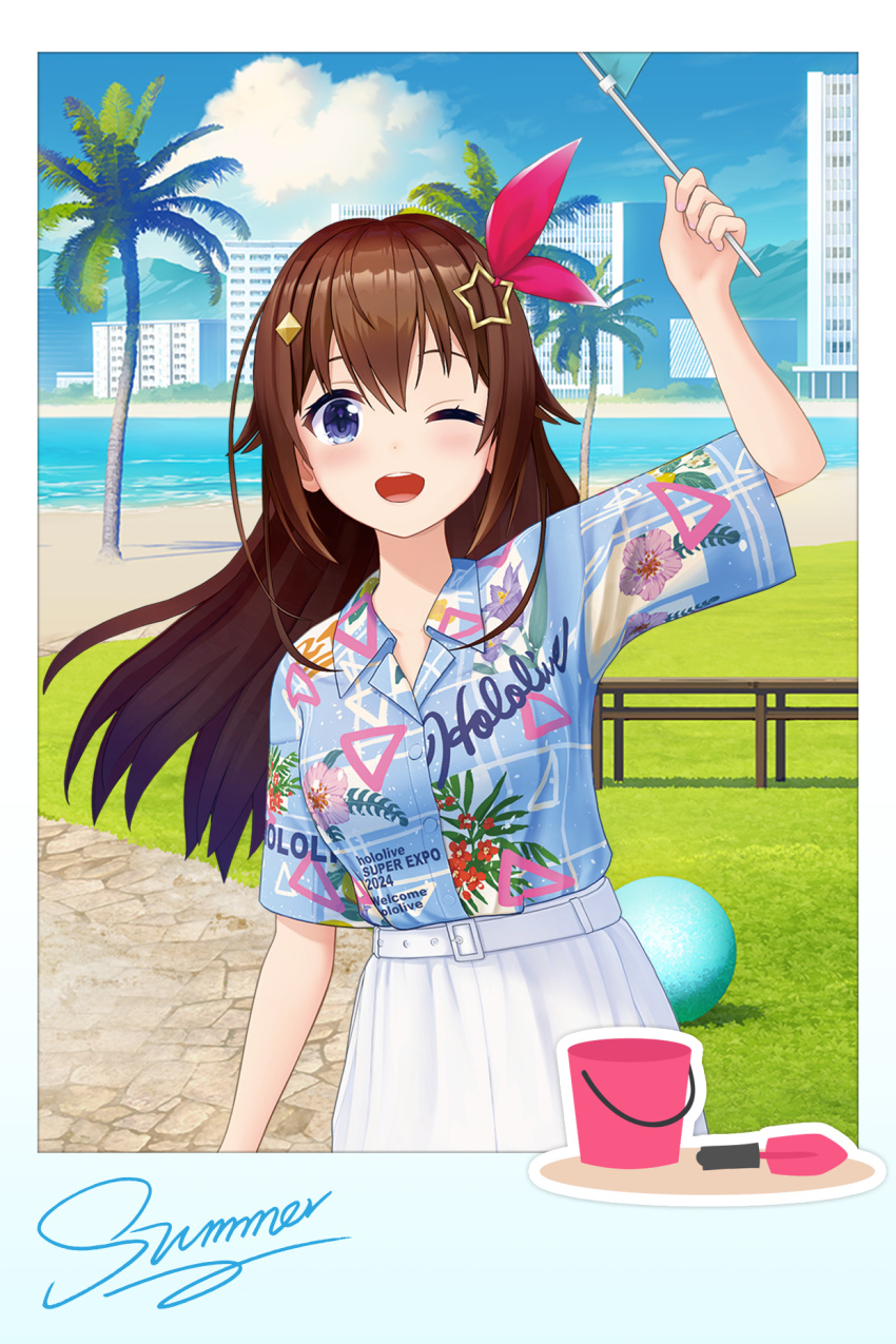 1girl, 3d, ;d, bad_source, beach, belt, blue_eyes, blue_shirt