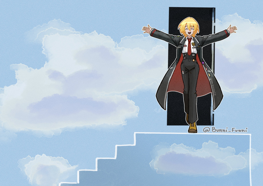 1girl, absurdres, arms_up, black_coat, black_pants, blonde_hair, blue_sky, boots