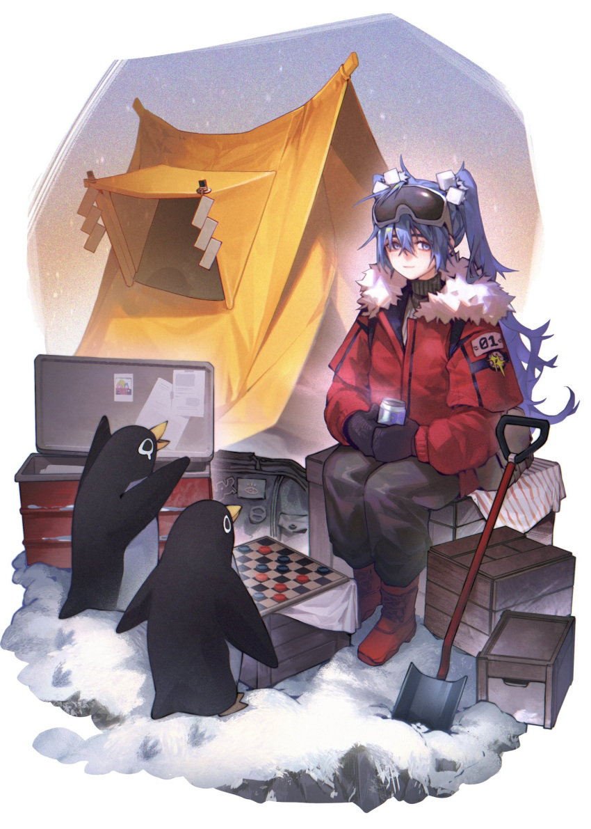 1girl, antarctica, bag, bird, black_bag, black_bird, black_mittens, black_pants