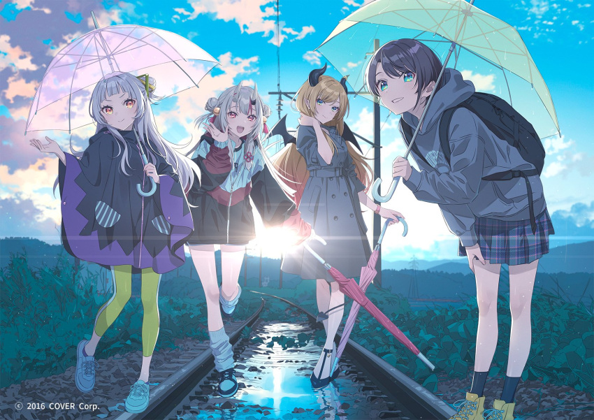 2nd_generation_(hololive), 4girls, :d, alternate_costume, aqua_eyes, backpack, bag, bell