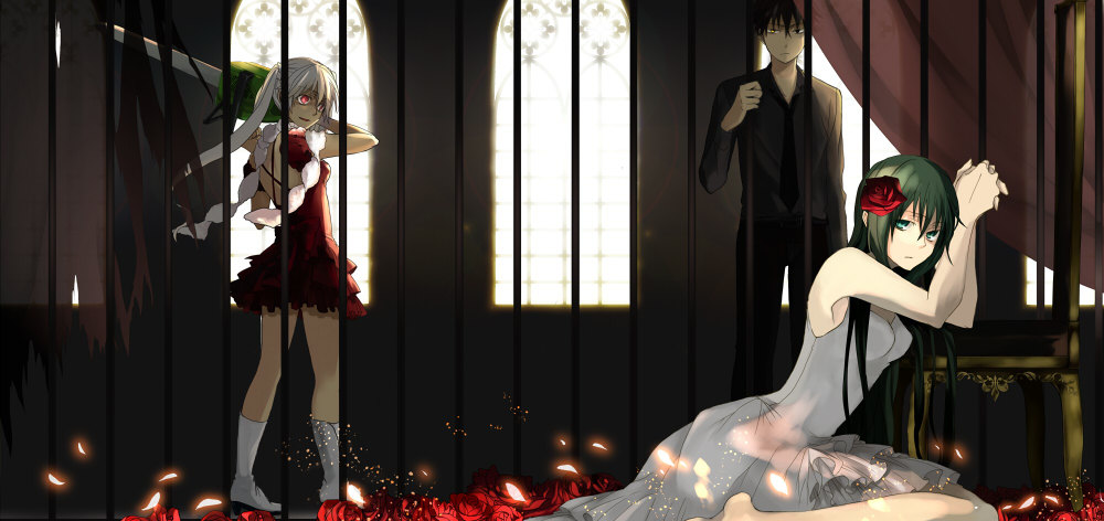 album_cover, aqua_eyes, bare_shoulders, chainsaw, chair, cover, dress, flower, flower_on_head, green_hair, hair_flower, hair_ornament, long_hair, lowres, male, multiple_girls, original, petals, pink_eyes, prison, red_rose, rose, sitting, standing, torishima, twintails, white_hair