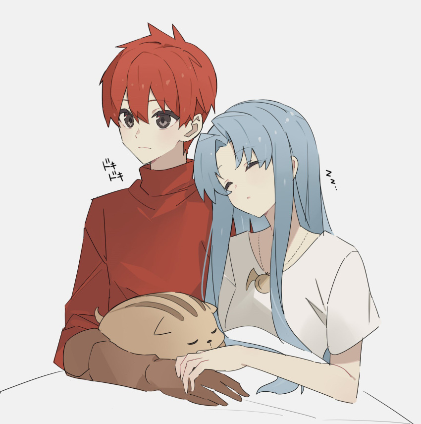 1boy, 1girl, adol_christin, ancient_ys_vanished, blue_hair, brown_gloves, closed_eyes, closed_mouth