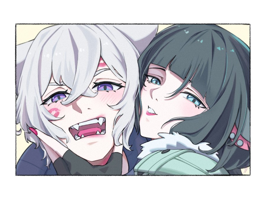 1boy, 1girl, aem_f000, animal_ears, black_gloves, cat_boy, gloves, jane_doe_(zenless_zone_zero), long_hair, long_tail, looking_at_viewer, mouse_ears, mouse_girl, red_nails, seth_lowell, simple_background, smile, tail, white_hair, zenless_zone_zero