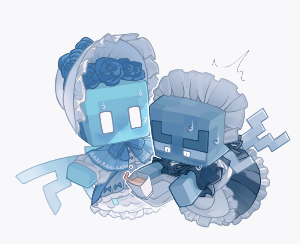 2others, allay, apron, blue_flower, blue_rose, blue_skin, bonnet, chibi