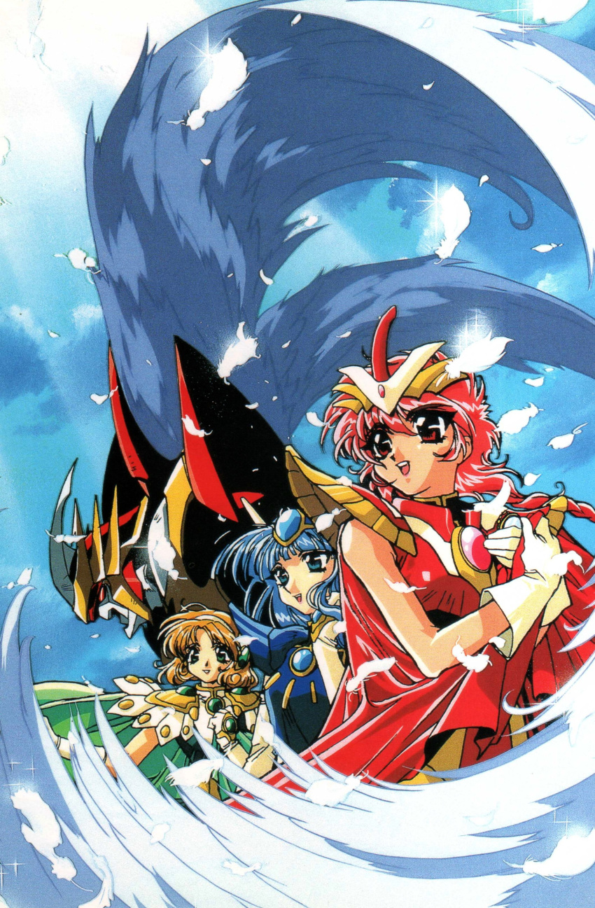 1990s_(style), 3girls, absurdres, alternate_costume, armor, armored_dress, artbook, blonde_hair, blue_eyes, blue_hair, blue_hairband, blue_sky, braid, cape, gem, green_cape, green_eyes, group_picture, hairband, highres, hououji_fuu, ishida_atsuko, magic_knight_rayearth, masahiro_yamane, multiple_girls, official_alternate_costume, official_art, rayearth_(character), red_cape, red_eyes, redhead, retro_artstyle, ryuuzaki_umi, scan, shidou_hikaru, sky, water, waves