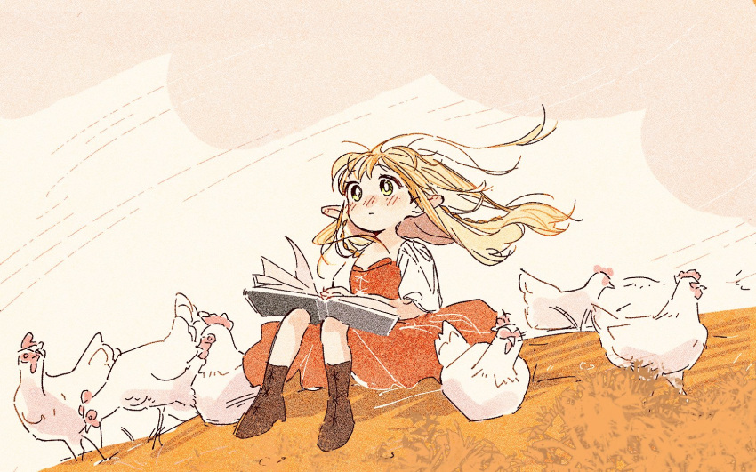 1girl, aged_down, bird, blonde_hair, book, book_on_lap, boots, braid