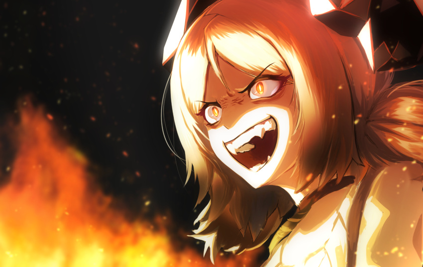 1girl, arknights, black_choker, blonde_hair, bright_pupils, choker, curled_horns, evil_grin