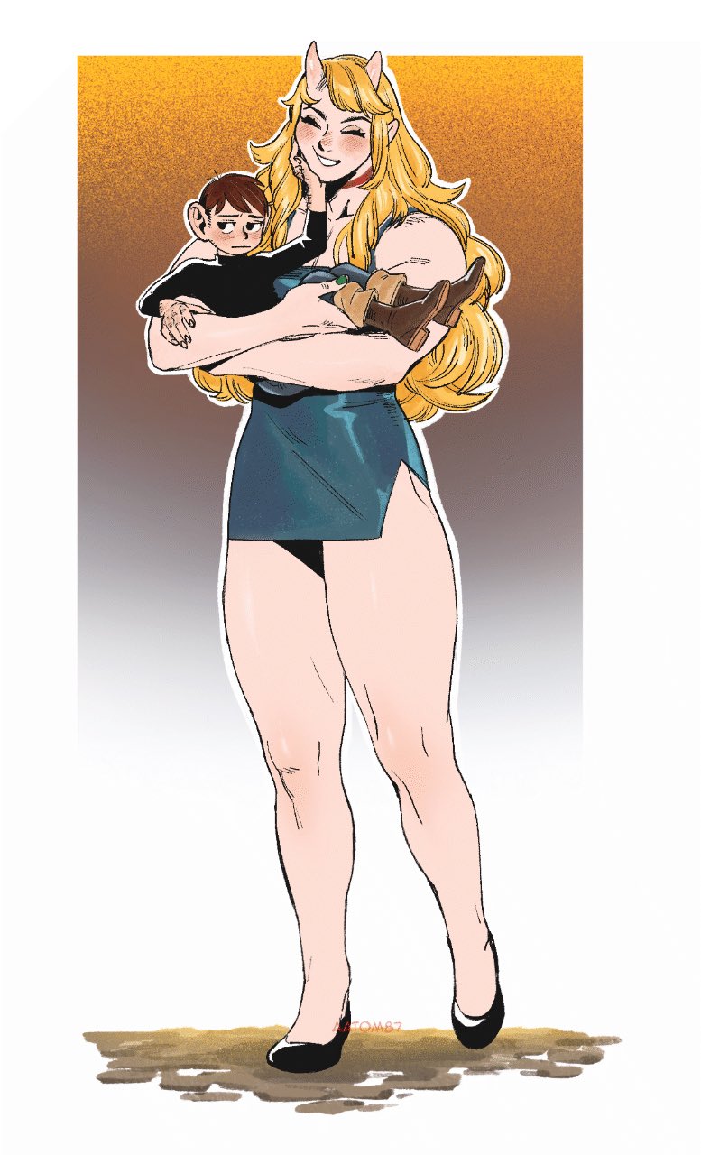1boy, 1girl, ^_^, aatom87, artist_name, black_footwear, black_shirt, blonde_hair, blue_dress, blue_pants, border, brown_hair, brown_pants, carrying, carrying_person, chilchuck_tims, choker, closed_eyes, dress, dungeon_meshi, english_commentary, green_nails, half-closed_eyes, halfling, hand_hair, hand_on_another's_cheek, hand_on_another's_face, highres, horns, light_blush, long_hair, looking_to_the_side, marcille_donato, marcille_donato_(oni), muscular, muscular_female, oni, pants, red_choker, shirt, short_hair, sidelocks, size_difference, skin-covered_horns, smile, tall_female, white_border