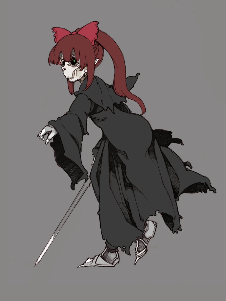 1girl, black_capelet, black_robe, black_sclera, bolos, bow, brown_hair, capelet