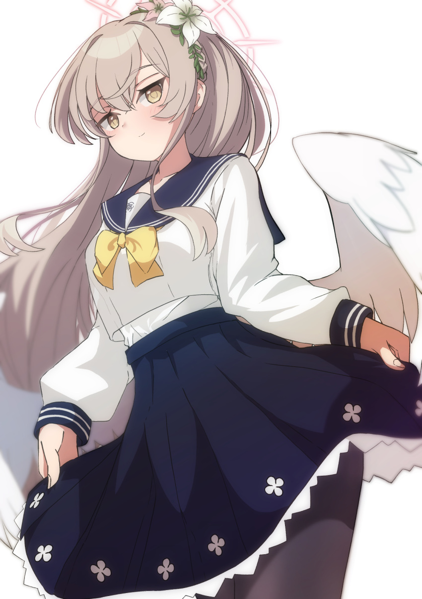 1girl, angel_wings, black_pantyhose, black_skirt, blue_archive, commentary_request, cosplay, feathered_wings