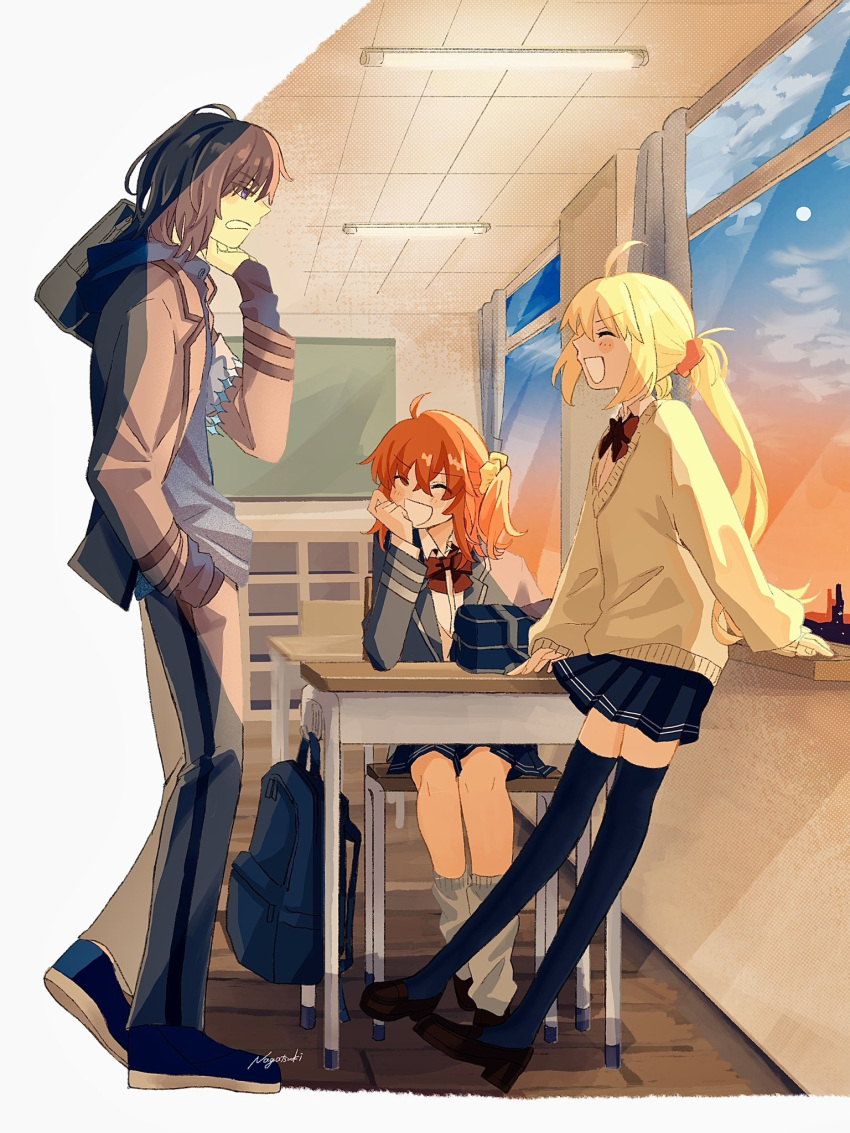 1boy, 2girls, ahoge, alternate_costume, arm_rest, artoria_caster_(fate), artoria_pendragon_(fate), bag