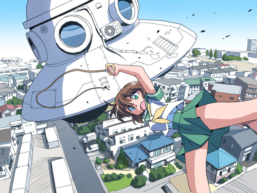 1girl, blue_sky, brown_hair, building, city, cityscape, day, flying