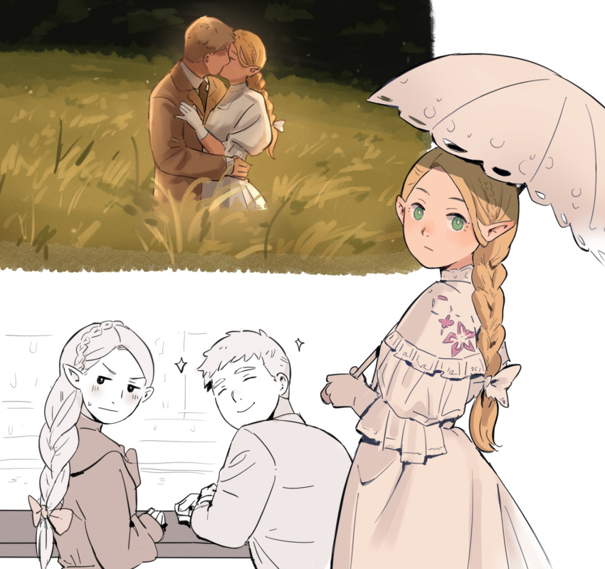 1boy, 1girl, ^_^, a_room_with_a_view, black_necktie, blonde_hair, bow, braid