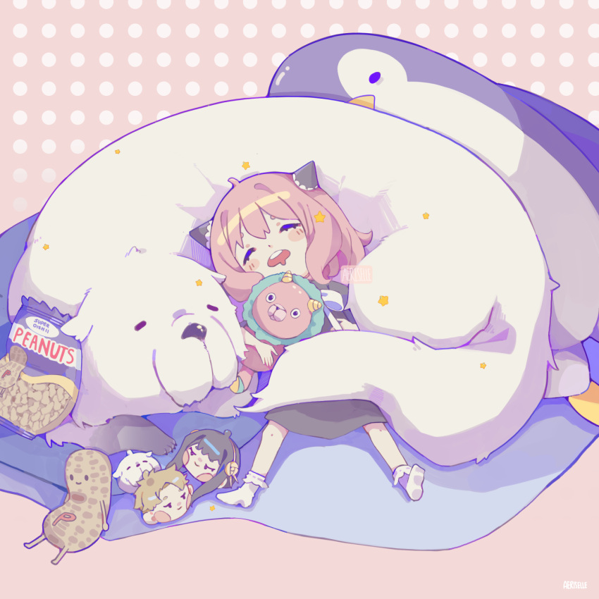 1girl, aeriselle, ahoge, anya_(spy_x_family), artist_name, black_dress, blush_stickers, bobby_socks, bond_(spy_x_family), bow, character_doll, child, closed_eyes, director_chimera_(spy_x_family), dog, dress, drooling, full_body, great_pyrenees, hairpods, highres, long_hair, mouth_drool, no_shoes, pastel_colors, peanut, pink_background, pink_hair, polka_dot, polka_dot_background, short_dress, sleeping, socks, spy_x_family, star_(symbol), stuffed_animal, stuffed_penguin, stuffed_toy, teeth, twilight_(spy_x_family), upper_teeth_only, white_bow, white_socks, yor_briar