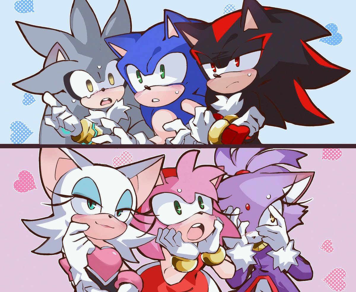 3boys, 3girls, amy_rose, blaze_the_cat, blush, covering_face, crossed_arms, furry, furry_female, furry_male, gloves, green_eyes, hands_on_own_face, hetero, merry_bongbong, multiple_boys, multiple_girls, red_eyes, rouge_the_bat, shadow_the_hedgehog, silver_the_hedgehog, smile, sonic_(series), sonic_the_hedgehog, sweatdrop, upper_body, white_gloves, yellow_eyes