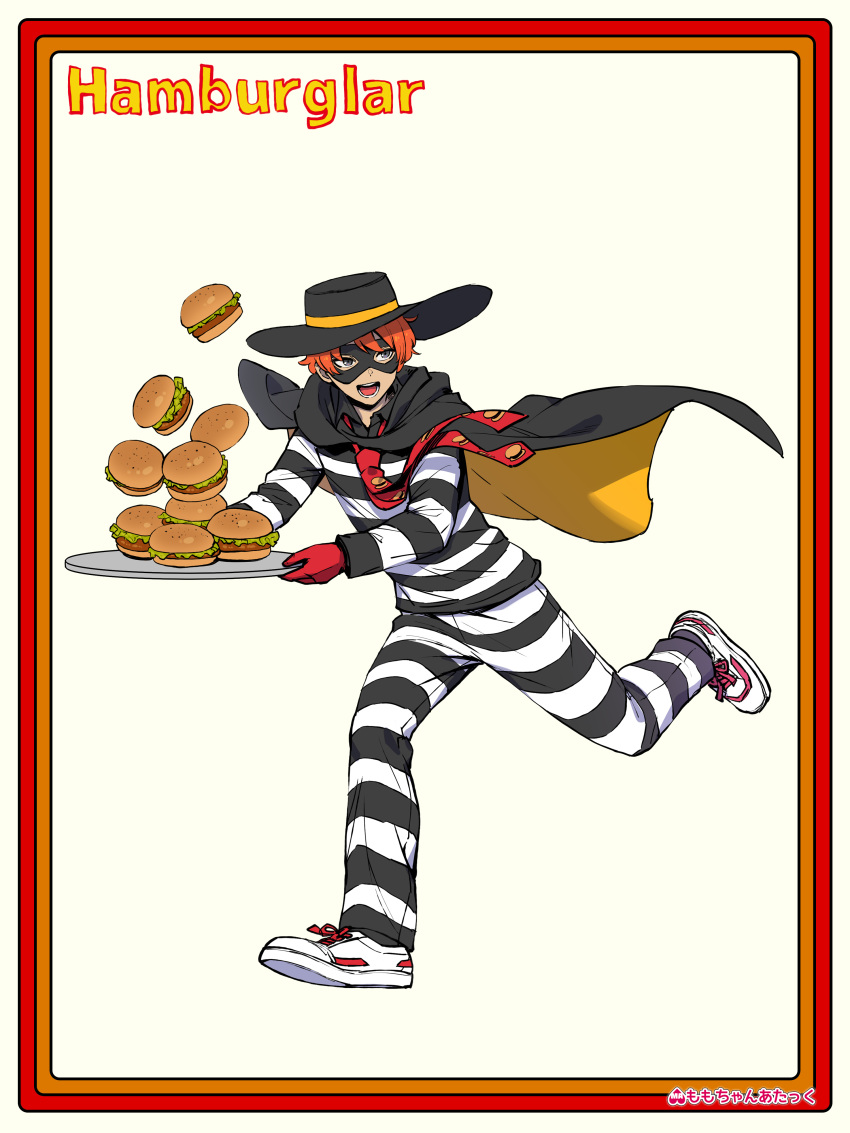 1boy, absurdres, black_cape, burger, cape, character_name, commentary, domino_mask