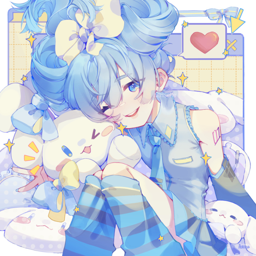 1girl, :3, aeriselle, arm_tattoo, artist_name, blue_bow, blue_eyes, blue_hair