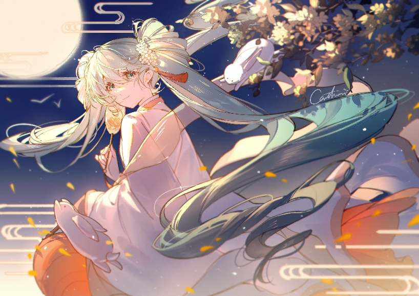 1girl, aqua_hair, cathon613, chinese_clothes, chuushuu_meigetsu_miku, closed_mouth, egasumi, english_commentary, falling_petals, flower, full_moon, green_eyes, hagoromo, hair_flower, hair_ornament, hand_fan, hatsune_miku, holding, holding_fan, leaf, light_smile, long_hair, looking_at_viewer, mid-autumn_festival, moon, paper_fan, petals, rabbit, shawl, signature, solo, tassel, tassel_hair_ornament, twintails, uchiwa, very_long_hair, vocaloid, white_flower, white_rabbit_(animal), wide_sleeves