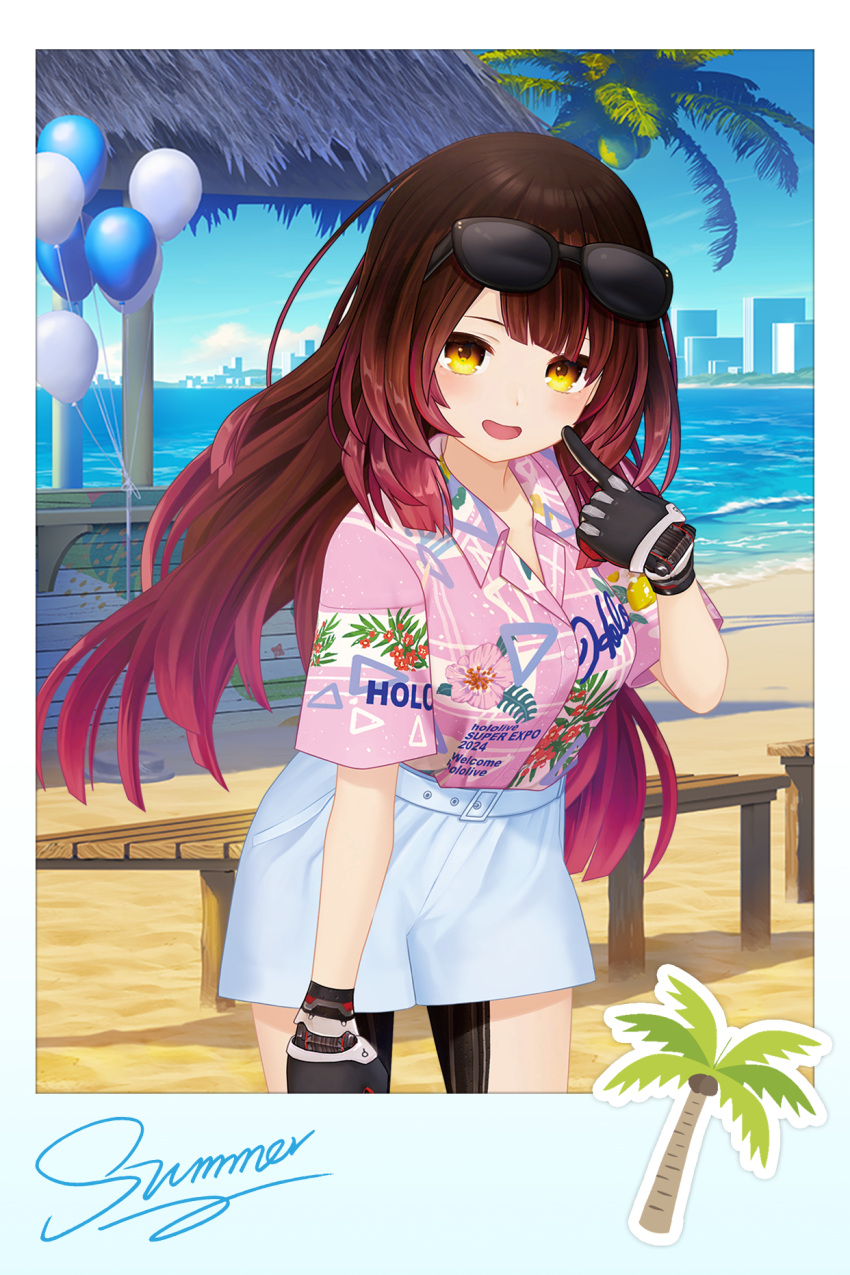 1girl, android, bad_source, beach, blue_border, blue_sky, border, brown_hair, clothes_writing, clouds, cloudy_sky, copyright_name, eyewear_on_head, finger_to_cheek, gradient_border, gradient_hair, hawaiian_shirt, highres, hololive, hololive_super_expo_2024_outfit, long_hair, looking_at_viewer, mechanical_hands, multicolored_hair, official_alternate_costume, official_alternate_hairstyle, open_mouth, outdoors, pink_shirt, polaroid_photo, redhead, roboco-san, shirt, short_shorts, short_sleeves, shorts, sky, solo, straight_hair, summer, sunglasses, virtual_youtuber, yellow_eyes