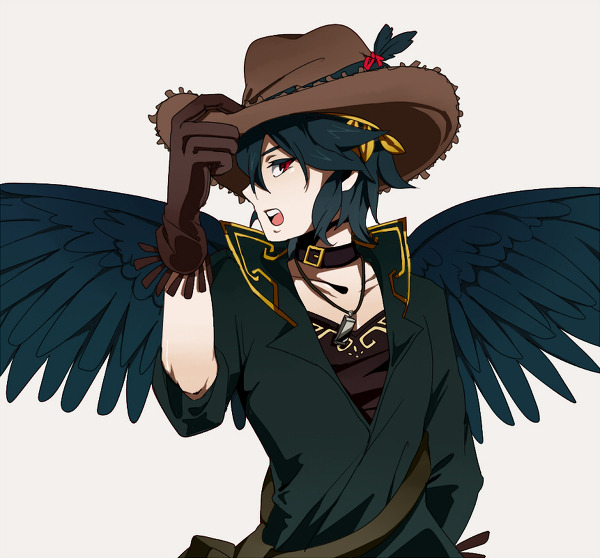 1boy, alternate_costume, angel, angel_wings, black_hair, brown_gloves, collarbone, cowboy_hat