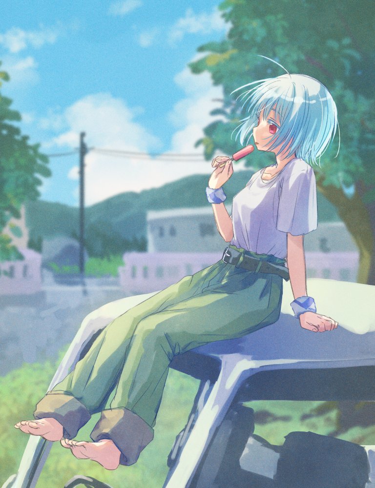 1girl, barefoot, belt, blue_hair, blue_sky, blurry, blurry_background, building