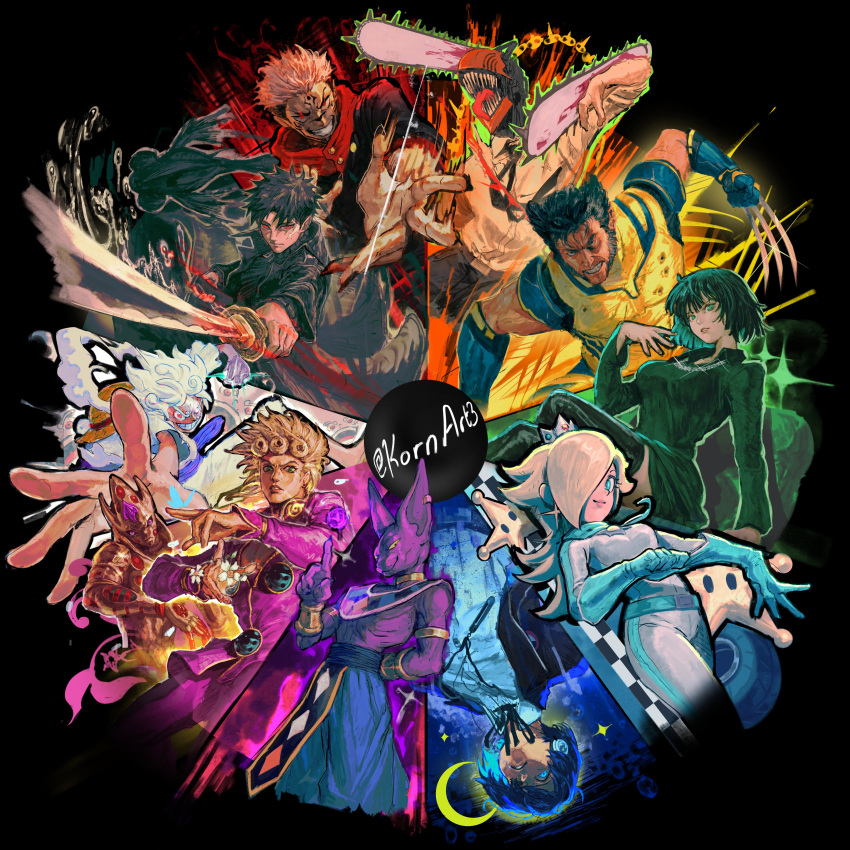 1other, 2girls, 6+boys, absurdres, aqua_eyes, aqua_gloves, armlet, artist_name, baggy_pants, beerus, biker_rosalina, black_dress, black_hair, black_jacket, black_pants, black_shirt, black_thighhighs, blonde_hair, blue_gloves, blue_hair, blue_pants, bodysuit, bracelet, chainsaw, chainsaw_devil, chainsaw_man, character_request, check_character, check_copyright, claw_(weapon), closed_mouth, collared_dress, collared_shirt, color_wheel_challenge, colored_inner_hair, colored_sclera, commentary, copyright_request, crescent_moon, cropped_legs, cropped_torso, crossover, crown, dot_pupils, dragon_ball, dragon_ball_super, dress, earrings, egyptian_clothes, energy_ball, english_commentary, flower, frown, fubuki_(one-punch_man), furry, furry_male, gear_fifth, gem, giorno_giovanna, gloves, glowing, glowing_eyes, gold_experience_requiem, green_eyes, grey_crown, grey_ribbon, grin, hair_over_one_eye, hat, highres, holding, holding_sword, holding_weapon, index_finger_raised, jacket, jewelry, jojo_no_kimyou_na_bouken, jujutsu_kaisen, kagurabachi, kornart, long_bangs, long_hair, long_sleeves, looking_at_viewer, male_focus, mario_kart, marvel, mature_male, mini_crown, monkey_d._luffy, moon, multicolored_hair, multiple_boys, multiple_crossover, multiple_drawing_challenge, multiple_girls, neck_ribbon, nose, object_head, official_alternate_costume, one-punch_man, pants, persona, persona_3, pink_hair, pink_shirt, pointed_crown, purple_gemstone, reaching, reaching_towards_viewer, red_eyes, ribbon, rokuhira_chihiro, rosalina, ryoumen_sukuna_(jujutsu_kaisen), sharp_teeth, shirt, short_bangs, short_dress, short_hair, short_sleeves, smile, sparkle, sparkle_earrings, straw_hat, striped_collar, super_mario_bros., super_star_(mario), sword, teeth, thigh-highs, tongue, tongue_out, upside-down, usekh_collar, weapon, white_bodysuit, white_flower, white_hair, white_shirt, wolverine_(x-men), x-men, yellow_sclera, yellow_shirt, yuuki_makoto_(persona_3)
