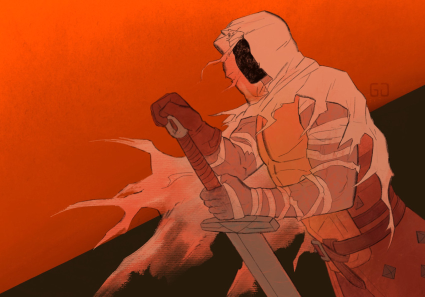 1boy, armor, arms_up, bandaged_arm, bandages, belt, breastplate, brown_belt, capelet, darkest_dungeon, faceless, faceless_male, gloves, gwahaeyo, highres, holding, holding_sword, holding_weapon, hood, hood_up, hooded_capelet, leather_armor, leper_(darkest_dungeon), male_focus, profile, red_theme, signature, single_glove, solo, sword, torn_clothes, upper_body, weapon, white_capelet