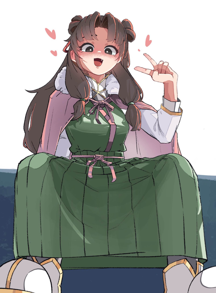 1girl, black_eyes, blush, brown_hair, cape, double_bun, ehddb72, fang, fur_trim, hair_bun, heart, highres, legend_of_mortal, long_hair, open_mouth, pleated_skirt, sitting, skirt, solo, v