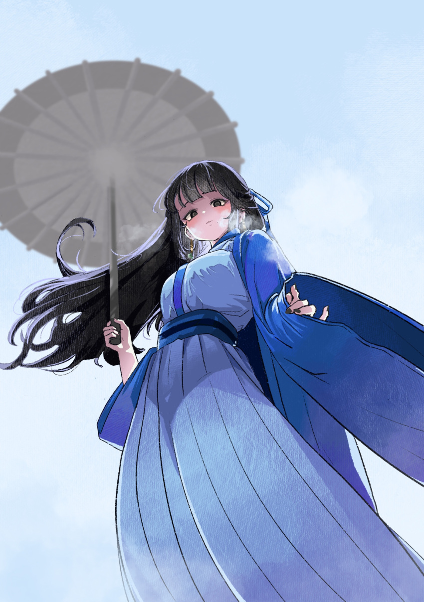 1girl, black_eyes, black_hair, black_nails, blush, breasts, chinese_clothes, ehddb72