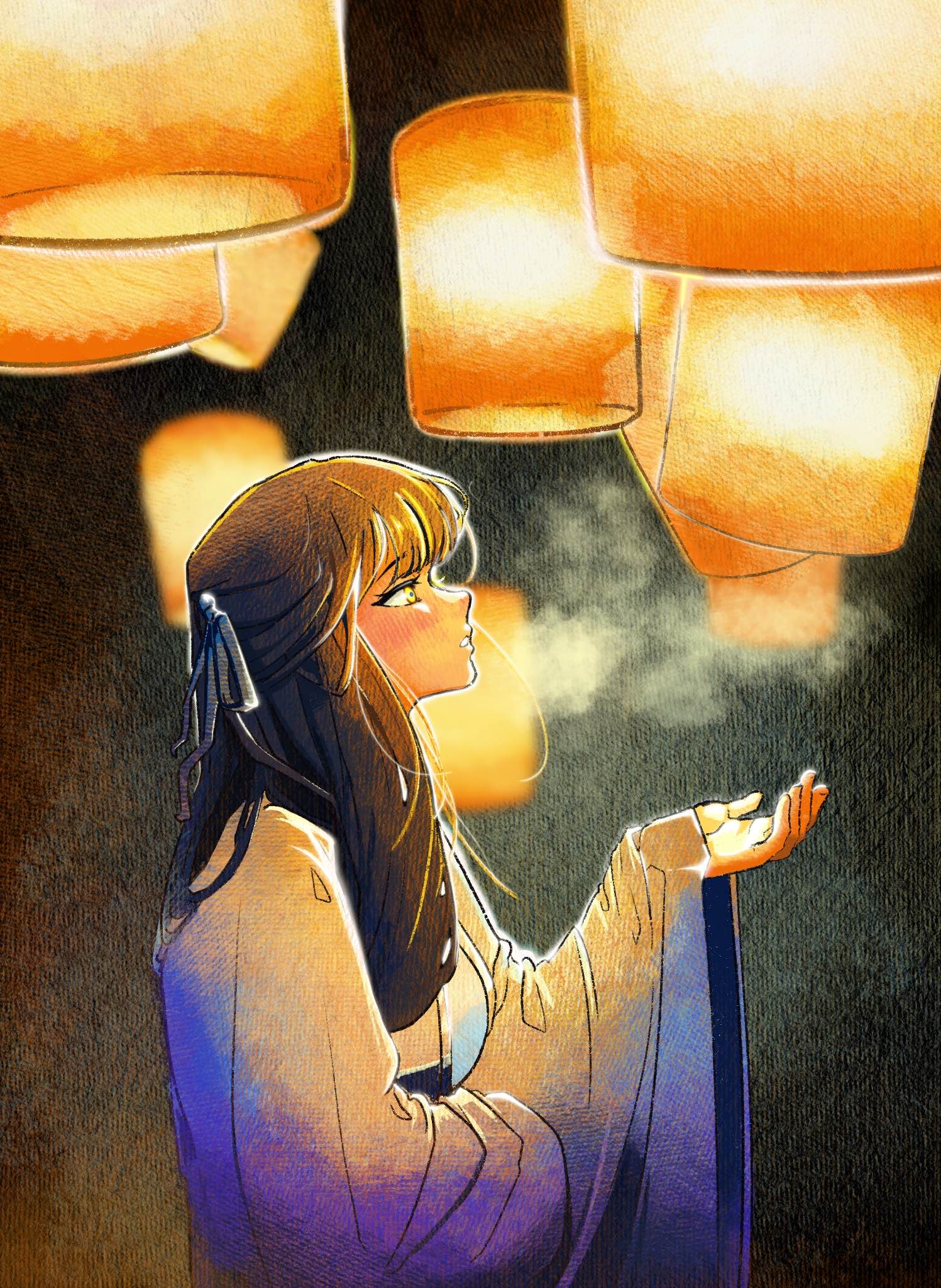 1girl, black_hair, blush, chinese_clothes, ehddb72, hanfu, highres, lantern