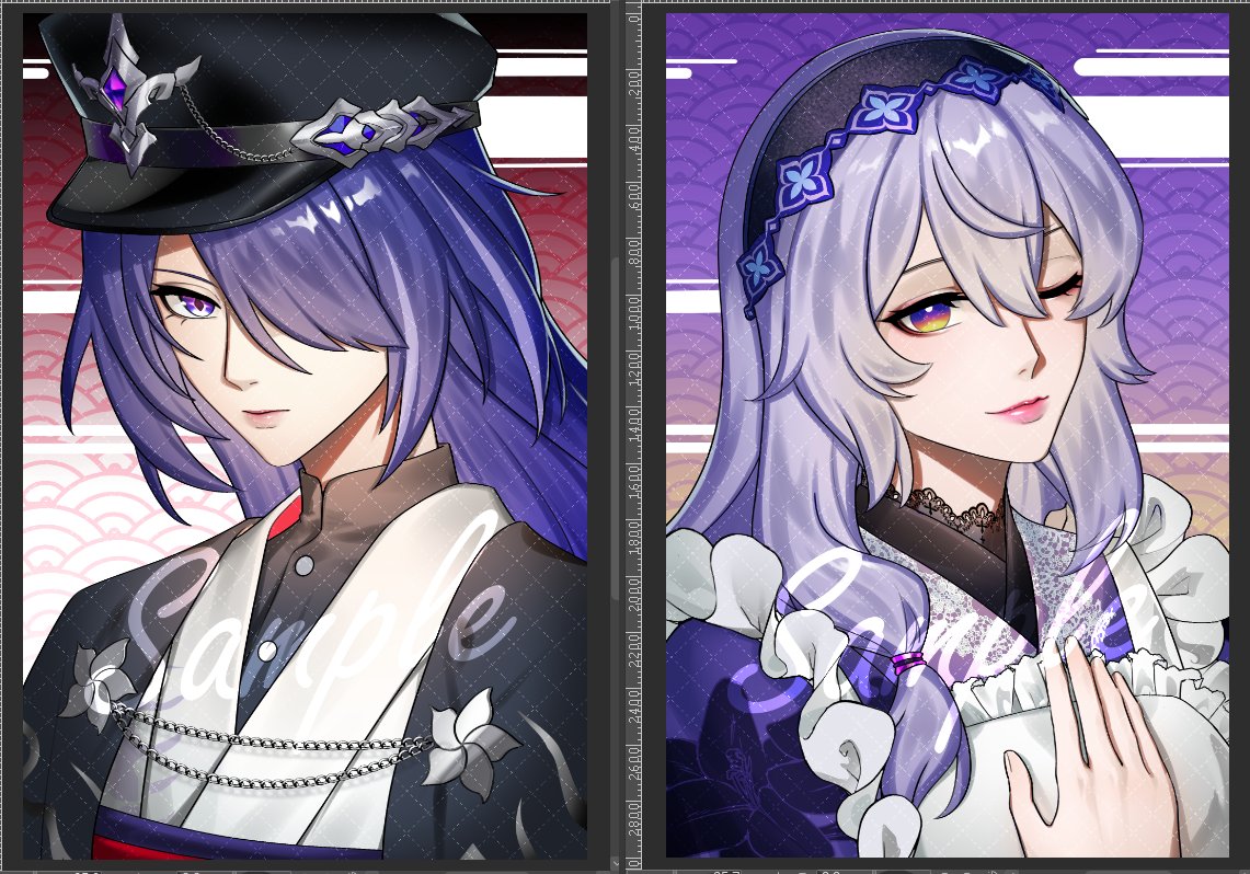 2girls, 314qwn, acheron_(honkai:_star_rail), alternate_costume, apron, art_program_in_frame, black_hairband, black_hat