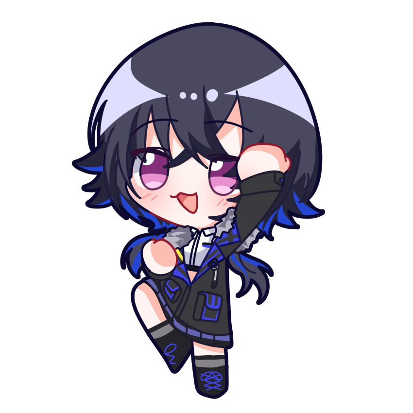 1girl, :3, :d, arm_up, black_footwear, black_hair, black_jacket, black_outline