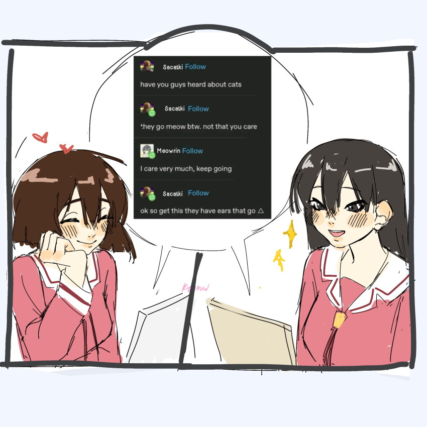 2girls, azumanga_daioh, azumanga_daioh's_school_uniform, black_eyes, black_hair, brown_hair, closed_eyes, english_text