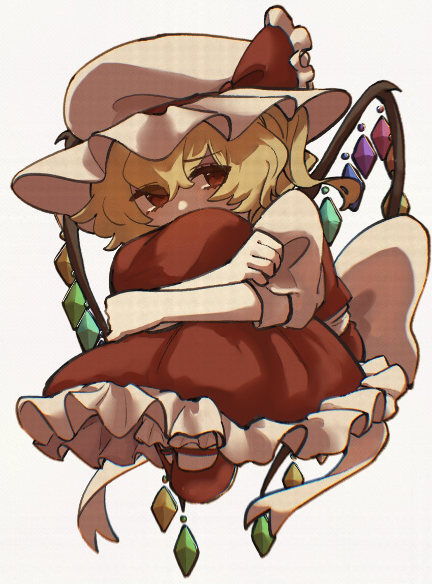1girl, back_bow, blonde_hair, bow, commentary, covered_mouth, crystal, flandre_scarlet, frilled_skirt, frills, full_body, hashtag-only_commentary, hat, hat_bow, highres, hugging_own_legs, knees_up, looking_to_the_side, mob_cap, moijochu, one_side_up, red_eyes, short_sleeves, skirt, skirt_set, solo, touhou, wings
