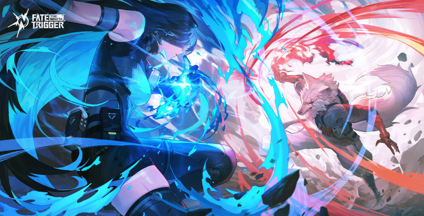 1boy, 1girl, bare_shoulders, blue_fire, fire, furry, highres, ryoin_(trigger_of_fate_the_novita), tail, trigger_of_fate_the_novita, xiva_(trigger_of_fate_the_novita)