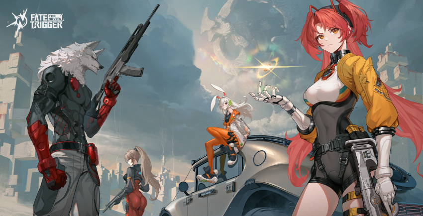 1boy, 3girls, animal_ears, car, eos_(trigger_of_fate_the_novita), gun, highres, holding