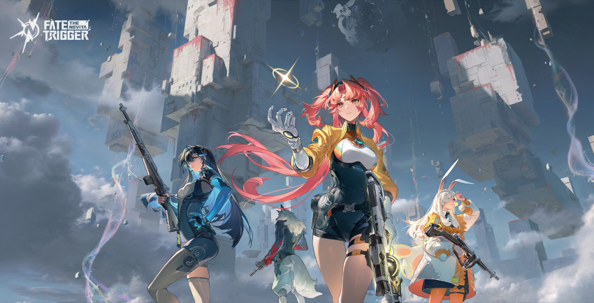 1boy, 3girls, animal_ears, blue_eyes, eos_(trigger_of_fate_the_novita), furry, gun, highres
