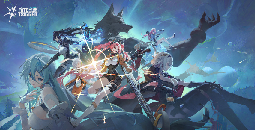 1boy, 6+girls, animal_ears, blue_hair, camille_(trigger_of_fate_the_novita), eos_(trigger_of_fate_the_novita), furry, green_hair
