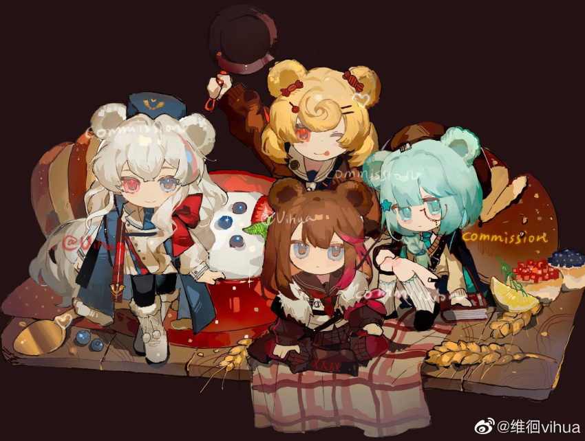 4girls, ;p, animal_ears, aqua_hair, arknights, bear_ears, bear_girl, black_footwear, black_pants, black_skirt, blonde_hair, blue_coat, blue_eyes, blue_hat, blue_necktie, boots, braid, bread, brown_hair, brown_hat, brown_sailor_collar, brown_shirt, brown_sweater, candy_hair_ornament, chinese_commentary, closed_mouth, coat, coat_on_shoulders, collared_shirt, commentary_request, commission, dated, deformed, english_text, expressionless, food, food-themed_hair_ornament, fruit, frying_pan, fur-trimmed_boots, fur-trimmed_jacket, fur_trim, gummy_(arknights), hair_ornament, hat, heterochromia, highres, holding, holding_frying_pan, istina_(arknights), jacket, lemon, lemon_slice, long_hair, medium_hair, monocle, monocle_chain, multicolored_hair, multiple_girls, neckerchief, necktie, one_eye_closed, orange_eyes, pants, pantyhose, pleated_skirt, red_eyes, red_neckerchief, red_pantyhose, redhead, rosa_(arknights), sailor_collar, sailor_shirt, shirt, side_braid, single_braid, skirt, smile, socks, star_(symbol), star_hair_ornament, streaked_hair, sweater, thank_you, tongue, tongue_out, vihua6, watermark, weibo_logo, weibo_watermark, wheat, white_footwear, white_hair, white_jacket, white_sailor_collar, white_shirt, white_socks, zima_(arknights)