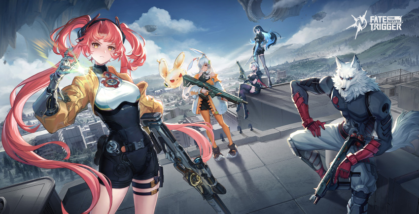 1boy, 4girls, blue_hair, eos_(trigger_of_fate_the_novita), furry, grey_hair, gun, highres