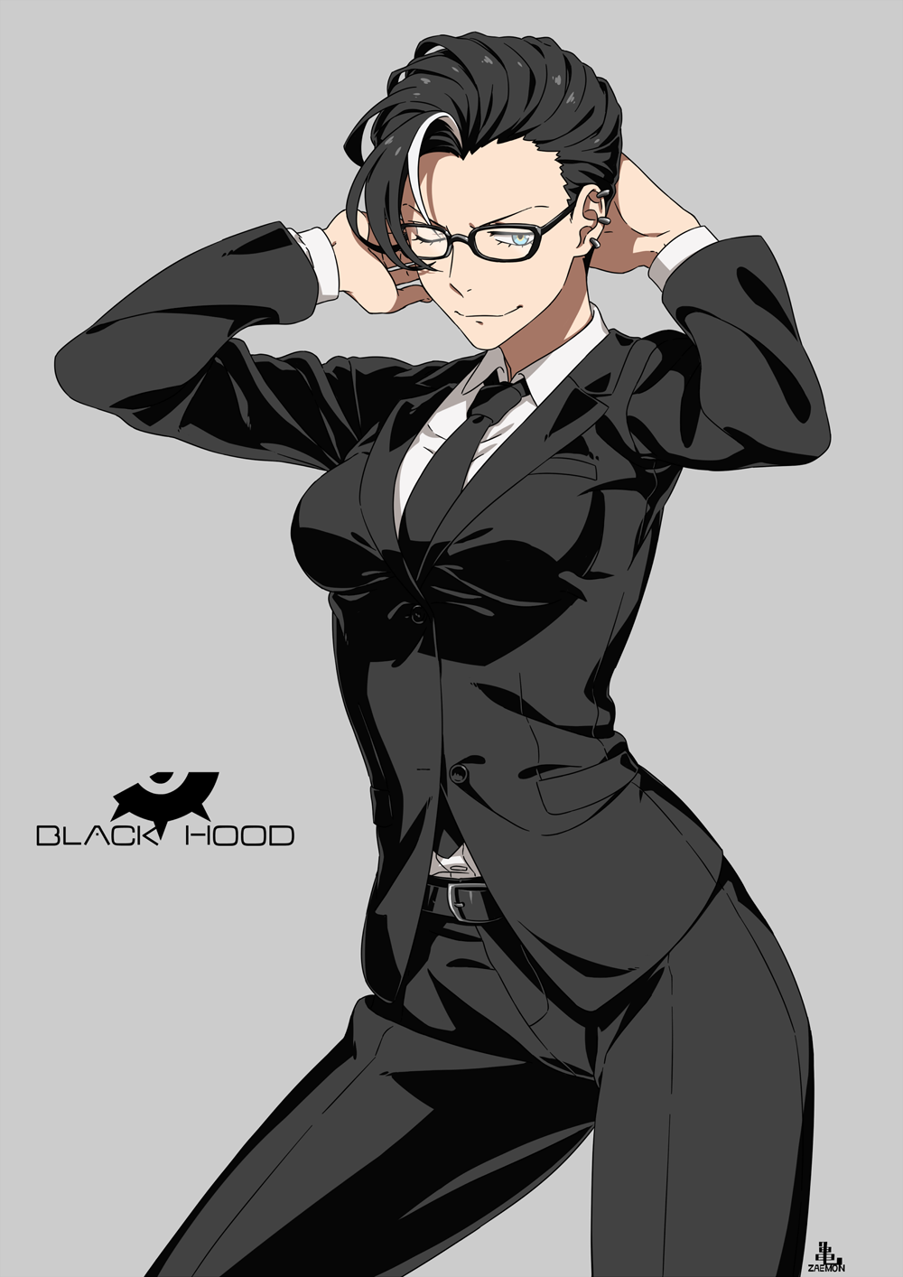 1girl, alternate_hairstyle, artist_logo, asymmetrical_bangs, belt, black_belt, black_hair, black_jacket
