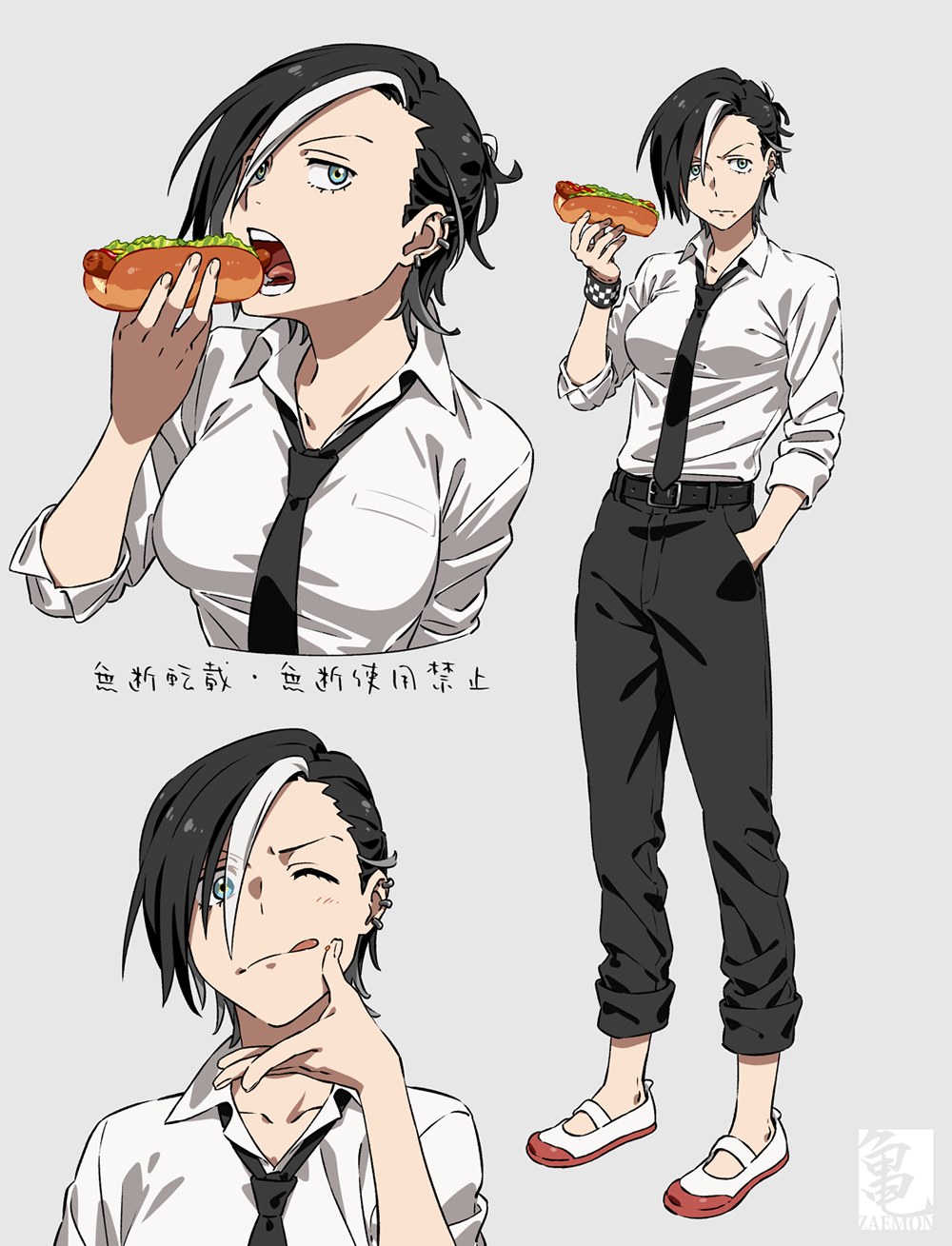 belt, black_hair, blue_eyes, breasts, eating, hand_in_pocket, highres, hot_dog