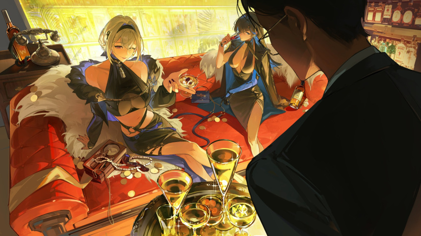 1boy, 2girls, alcohol, blue_eyes, blue_hair, breasts, cup, dress