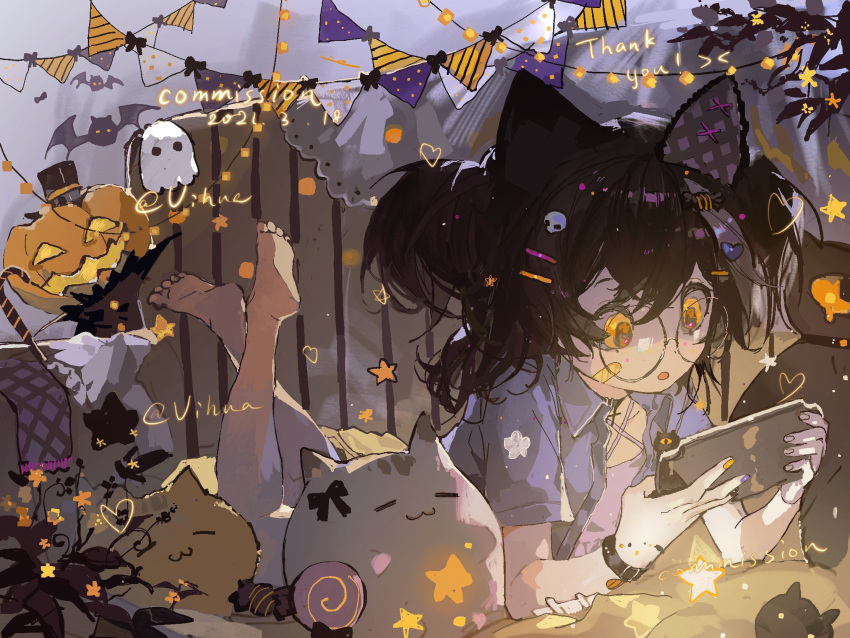 1girl, animal_ears, bandaid, bandaid_on_cheek, bandaid_on_face, barefoot, blue_shirt, candy_hair_ornament