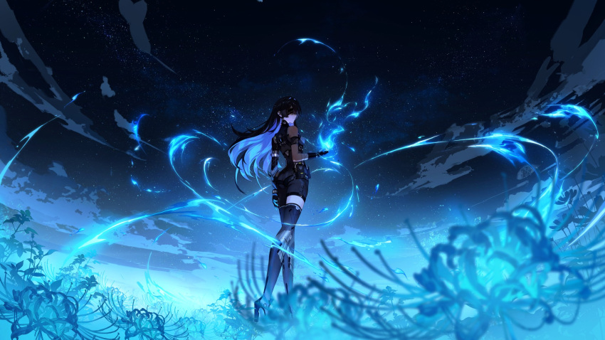 1girl, blue_fire, blue_flower, blue_hair, fire, flower, hand_up, highres