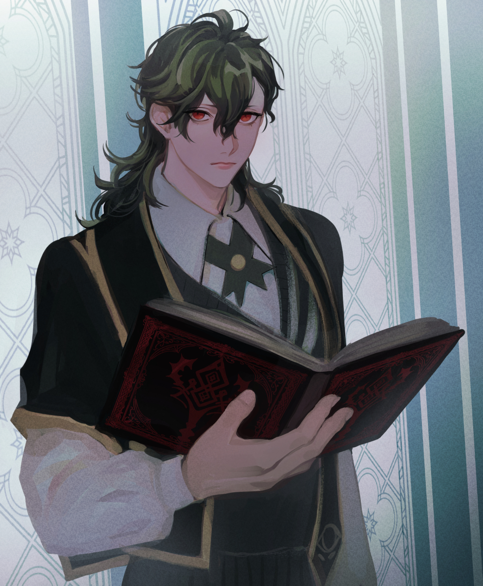 1boy, arm_up, black_vest, book, closed_mouth, collared_shirt, commentary_request, fire_emblem