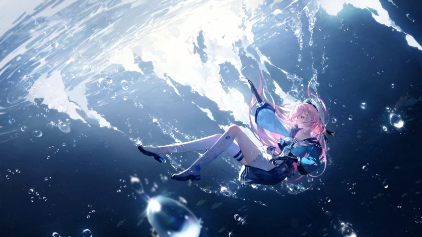1girl, bubble, highres, looking_up, nase_(trigger_of_fate_the_novita), pink_hair, skirt, socks, trigger_of_fate_the_novita, underwater, water