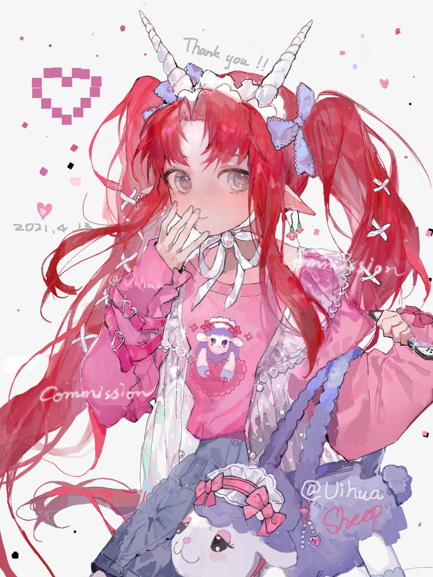 1girl, animal_bag, arm_belt, bag, belt, blue_ribbon, buckle, chinese_commentary, closed_mouth, commentary_request, commission, cowboy_shot, curtained_hair, dated, english_text, grey_eyes, grey_skirt, hair_ribbon, hand_on_own_face, heart, heart-shaped_buckle, highres, holding, holding_bag, long_hair, maid_headdress, open_clothes, open_vest, original, parted_bangs, pink_belt, pink_shirt, pointy_ears, redhead, ribbon, see-through_vest, shirt, sidelocks, skirt, smile, solo, thank_you, twintails, vest, vihua6, watermark