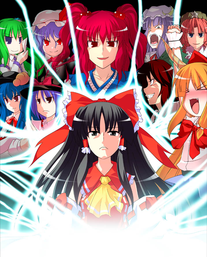 >_<, annotated, aura, black_hair, blue_eyes, blue_hair, bow, brown_eyes, brown_hair, everyone, fang, hair_bow, hair_ornament, hakurei_reimu, hat, hinanawi_tenshi, hokuto_no_ken, hokuto_no_ken_shinpan_no_sousousei_kengo_retsuden, hokuto_no_ken_shinpan_no_sousousei_kengou_retsuden, hong_meiling, ibuki_suika, kochiya_sanae, long_hair, multiple_girls, nagae_iku, onozuka_komachi, open_mouth, orange_hair, parody, patchouli_knowledge, red_eyes, red_hair, reiuji_utsuho, remilia_scarlet, ryuuki_yuuichirou, short_hair, smile, touhou